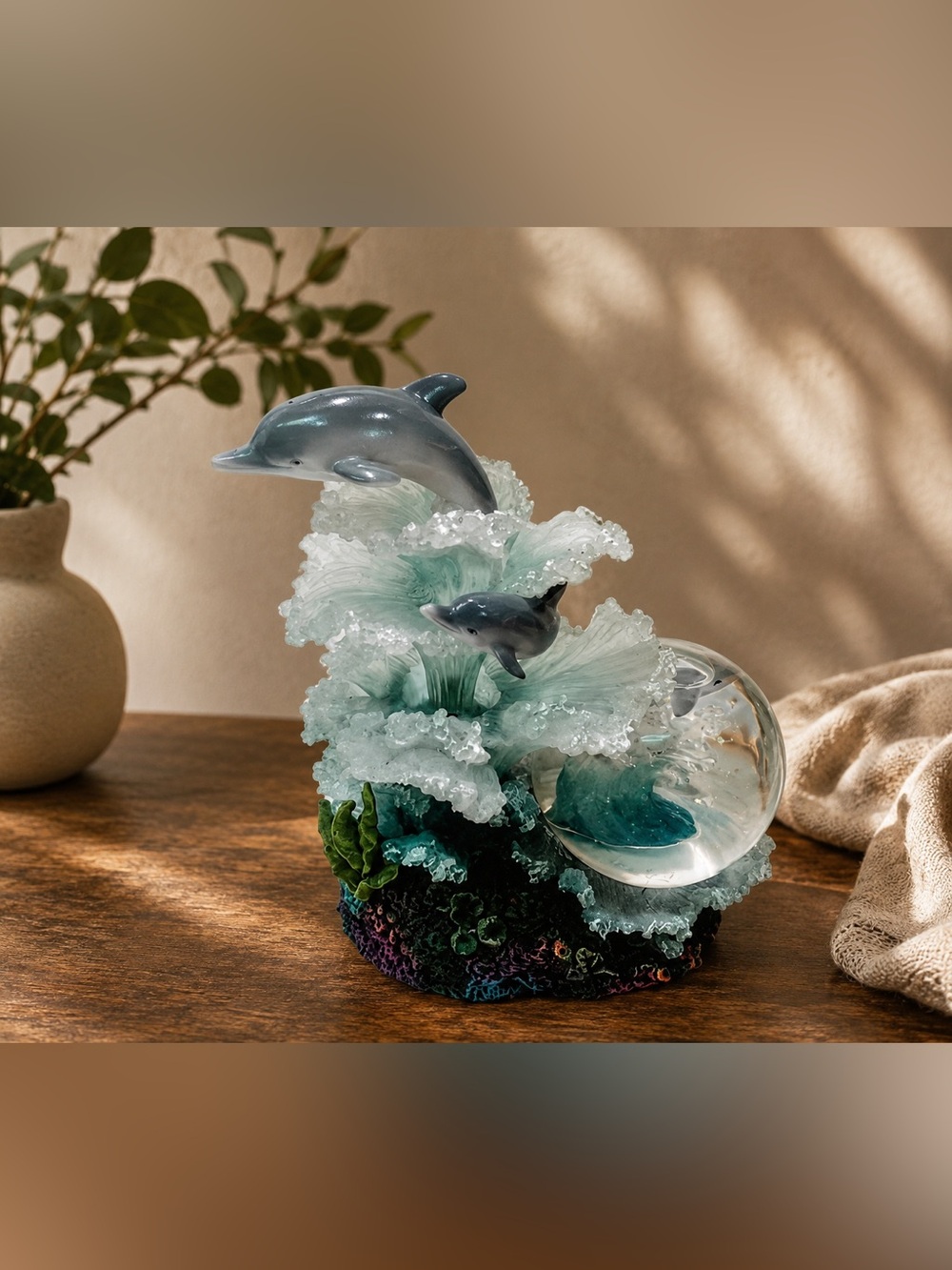 🐬 Vintage Musical Dolphin Wave Water Globe Sculpture • Coastal Ocean Decor🐬